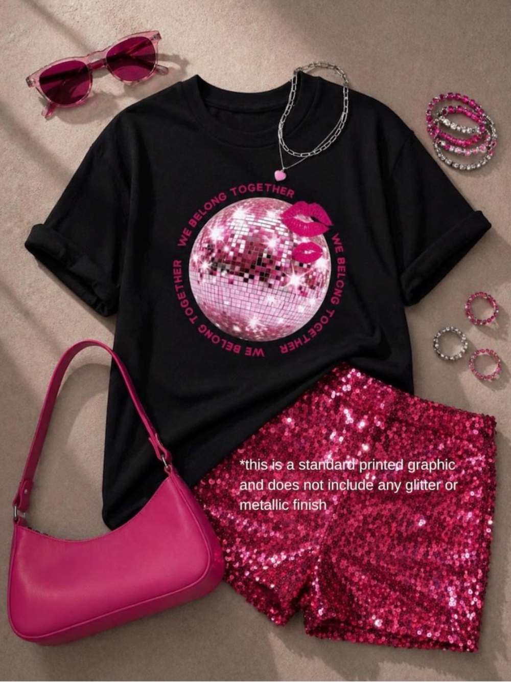Black We Belong Together Tee with Pink Disco Ball Design